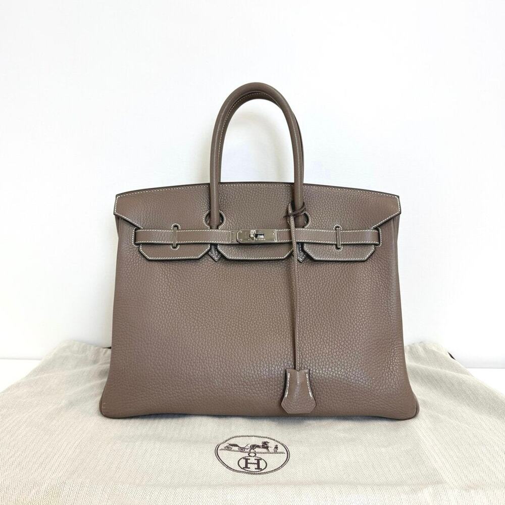 HERMES Etoupe Clemence Leather Birkin 35 Handbag Paladium Hardware Shoulder Bag